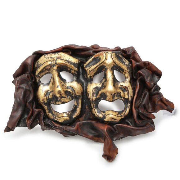 Vintage Leather Comedy Tragedy Masks Wall Decor Theater Brown Gold Brazil - Picture 9 of 9